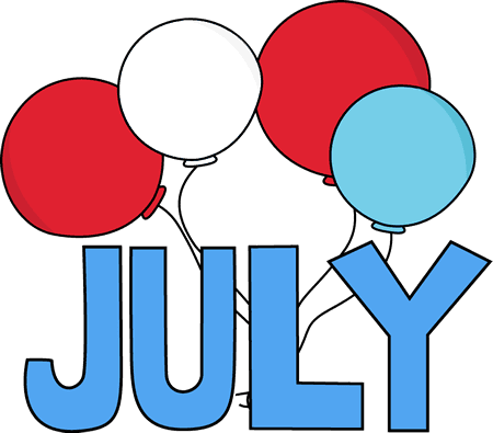 July in blue text with red, white and blue balloons July in blue text with red, white and blue balloons