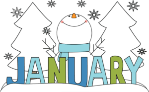 January text with trees, snowflakes and a snowman January text with trees, snowflakes and a snowman