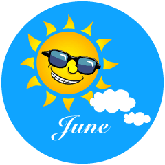 Blue circle with a sun, clouds and the word June Blue circle with a sun, clouds and the word June