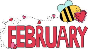 February in text with a bee holding a heart February in text with a bee holding a heart