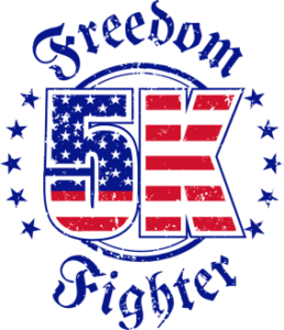 Logo in the middle in red white and blue says 5K above it in blue the word Freedom and below in blue the word Fighter in both sides of 5K is 5 stars in blue