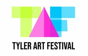 a T in green a triangle depiting an A in pink and an F in light blue the words Tyler Art Festival below these 3 letters is in Black