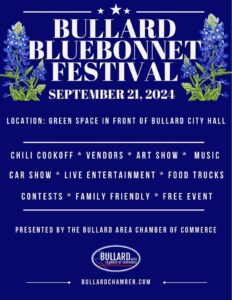 Dark blue back ground poster with 2 bluebonnets on the right and left of the poster. The words Bullar Blueboneet Festival September21,2024 location Green space in front of Bullard City Hall Under that are the differnt offerings of the festival and Presented by the bullard Chamber of Commerce