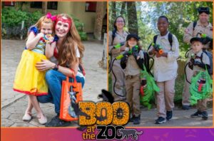 To the left a picture of a mother and daughter in halloween costumes. To the right is a picture of two zoo emplyees in uniform and 3 different age children with trick or treat bags. At the bottom is the words Boo at the Zoo