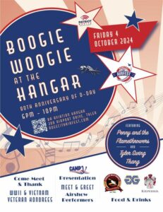 Poster advertising a dance on October 4 says Boogie Woogie at the Hanger 80th Anniversary of D-Day 6-10pm