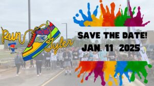 colorful sneaker with the word Tyler in cursive under it on the left side of panel on the right is a splatter of different colors and the words save the date Jan 11 in black. There are runners in the background