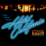 poster black background with a sunset at the top and words in blue Hotel Claifornia the below that to the right Eagles