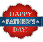 red scalloped background with a blue banner over the top. The banner says Fathers' in white and blue with stars on each side. above the banner on the red background in white letters says Happy and below the banner is the word Day!