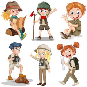 clip art of 6 hikers in various stages of hiking