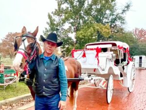 White carriage with white bows on a red brick street. In front of carriage is a brown and white horse harnessed to the carriage. A man in cowboy clothes with a black hat is holding the horse