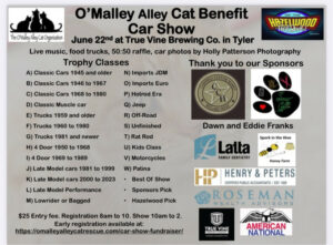 Poster explaining the trophy classes for the O'Malley Alley Cat Benefit Care Show 
