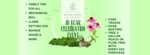 green sign with green plants and pink flowers in the center. Wording says 10 Year Celebration