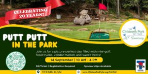 top left is a red banner with the words Celebrating 20 Years-in the middle are two teddy bears playing and in the foreground a putt putt green with a red flag. The words Putt Putt in the park are under this also has qR code 14 Sept 10 am -4pm