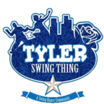 blue and white image with the words Tyler Swing Thing dancers, two tall buildings and a rose at the top