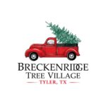 whte background red pickup truck sith a christmas tree in the truck bed under it is black lettering says Brecenridge Tree Village, under that in red writing says Tyler, Tx