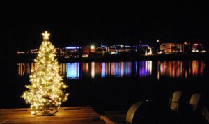 lake with christmas lights reflecting on it in many colors. In the foreground is a christmas tree decorated in white lights