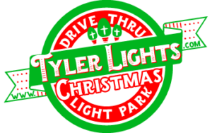 round logo green circle inside of that is a red circle with the words Drive Thru Light park in white letters across the middle si a banner in green and red that ways www.tylerlights.com under the banner it says Christmas