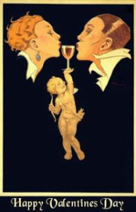 Black background-cherub in the lower middle holding up a wine glass -uper part is a victorian couple kissing over the wine glass