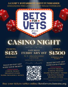 poster announcing event on Feb 1 called Bets for Vets. $125 a ticket for a casino night that benefits Camp V in yler and The Starbright Misistry